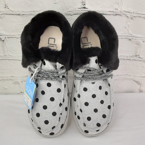 HEY DUDE 'BRITT' FUR LINING SNAP & FOLD CUFF TWO LOOKS IN ONE SHOE BL. POLKA-DOT - Picture 6 of 16